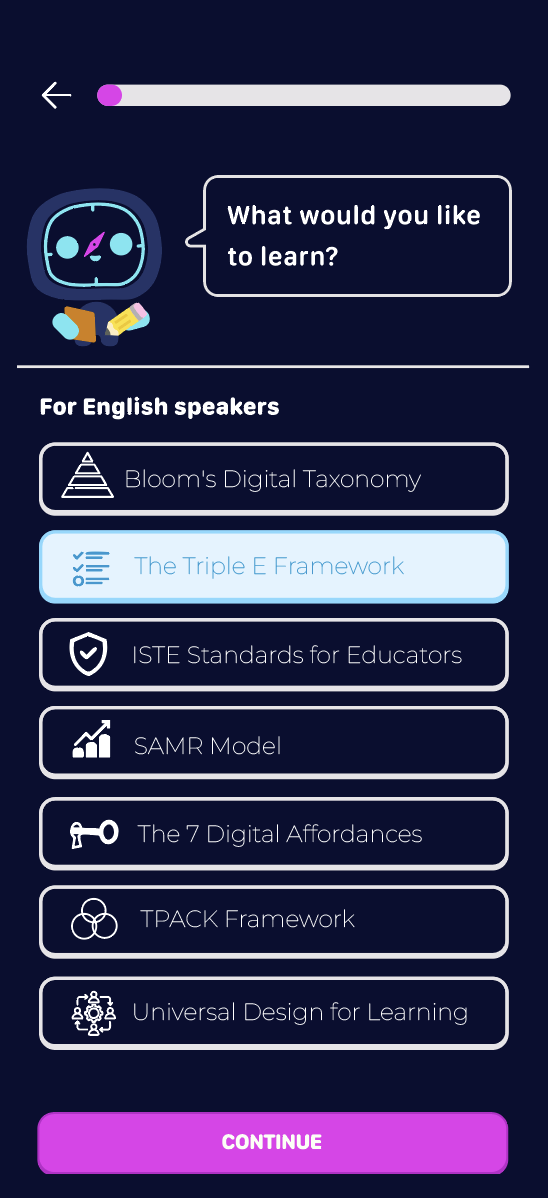Pathy asks what the learner would like to learn, with learning framework choices