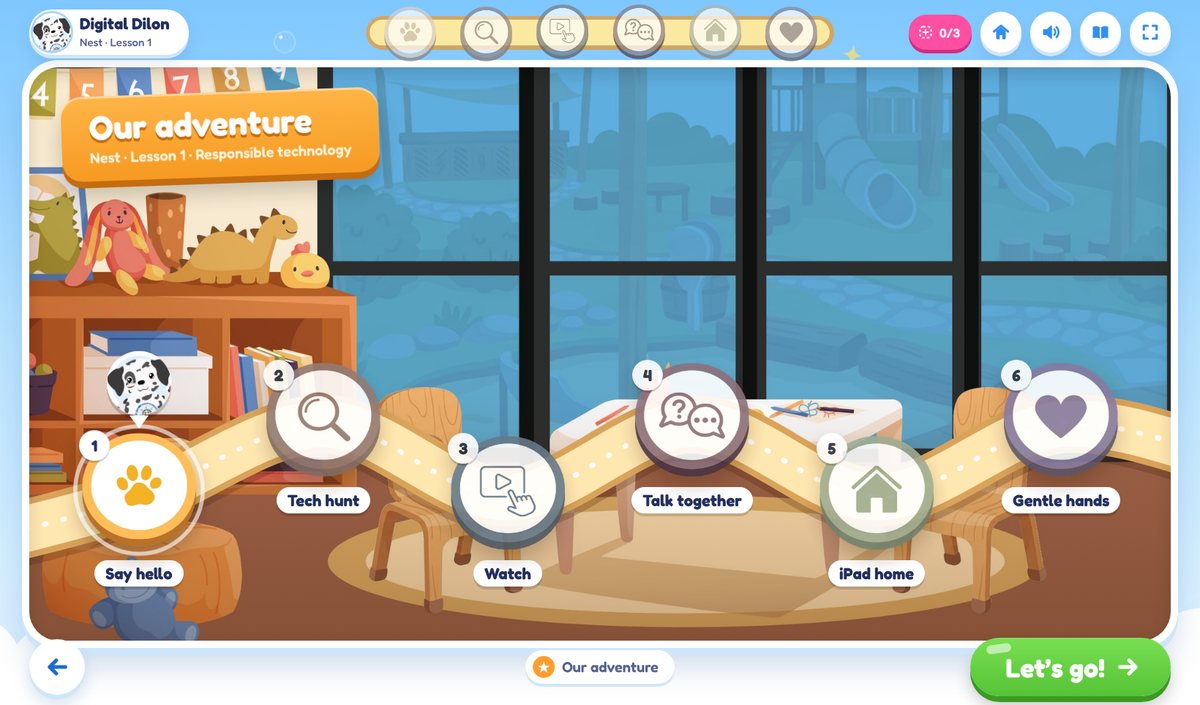 The Dilon Lesson 1 adventure map: say hello, tech hunt, watch, talk together, iPad home, gentle hands
