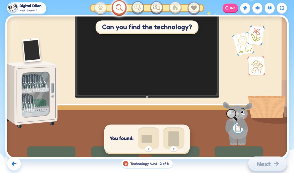 Can you find the technology? A classroom wall with a screen and an iPad cabinet